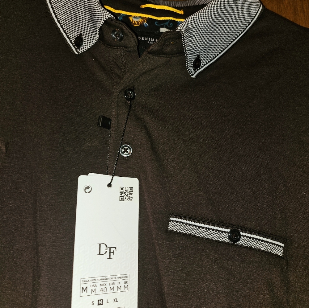Men's Denim and Flower polo shirt, size medium. Dark brown, fitted sleeves. NWT